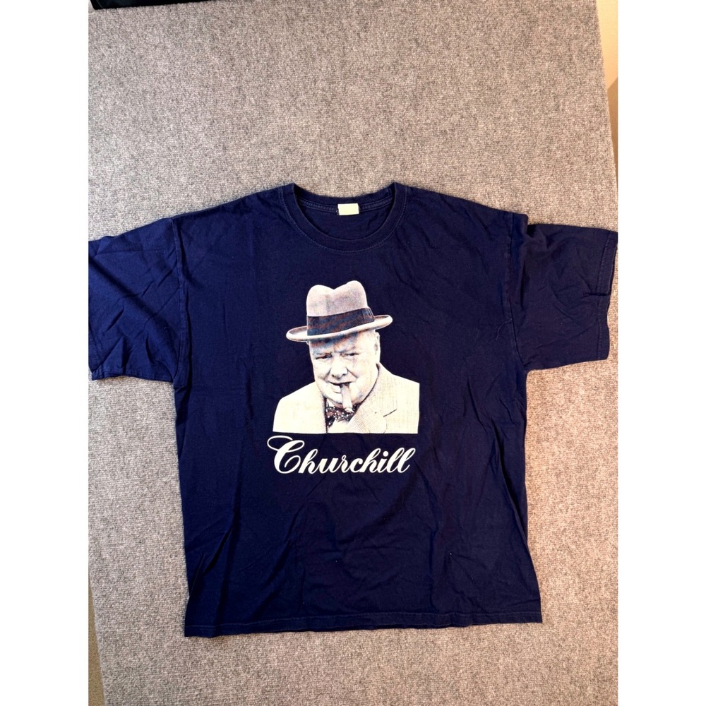 Keya Winston Churchill Graphic Tee XL Navy Blue Cotton Mens TShirt History Cigar